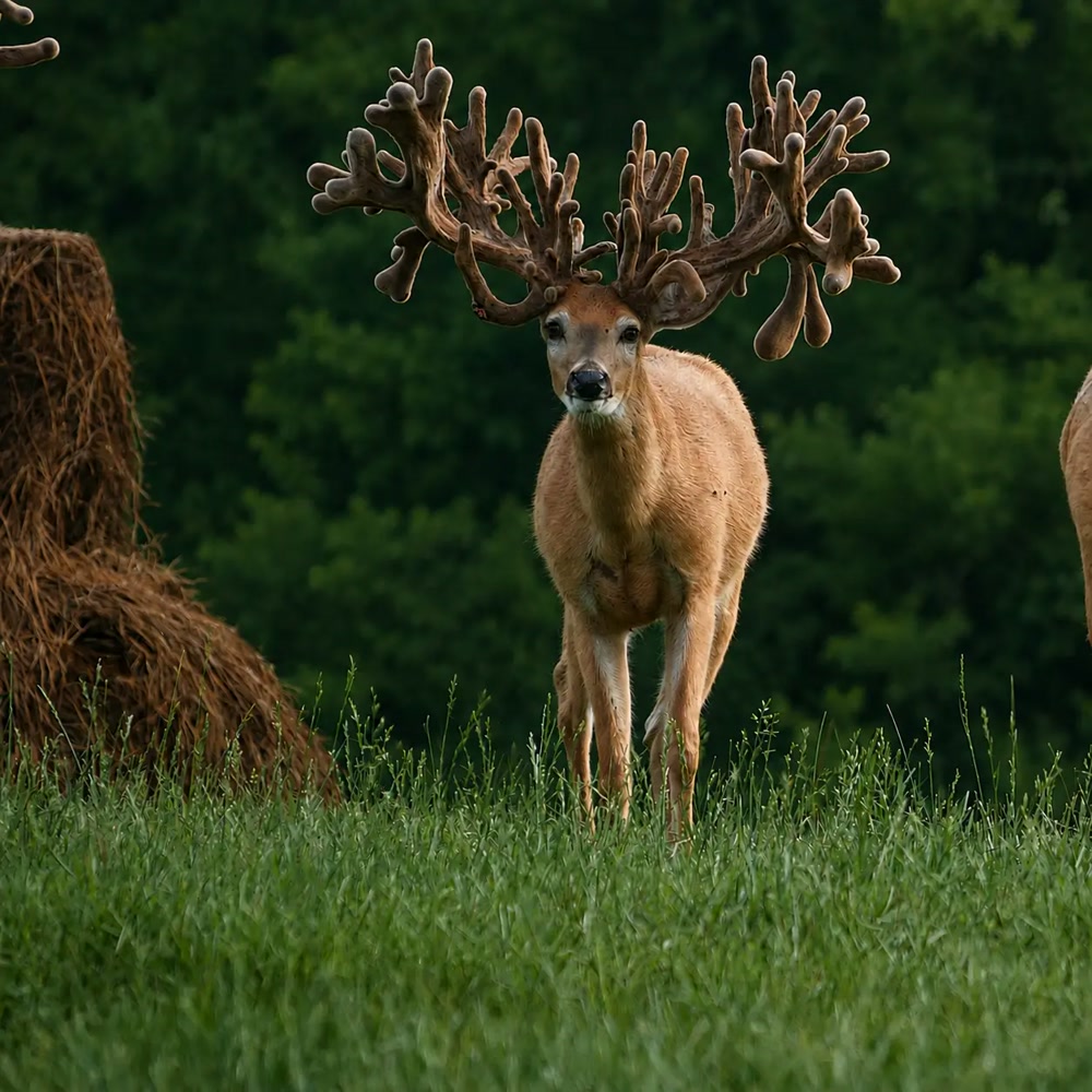 Massive whitetail buck with velvet antlers in tall grass
