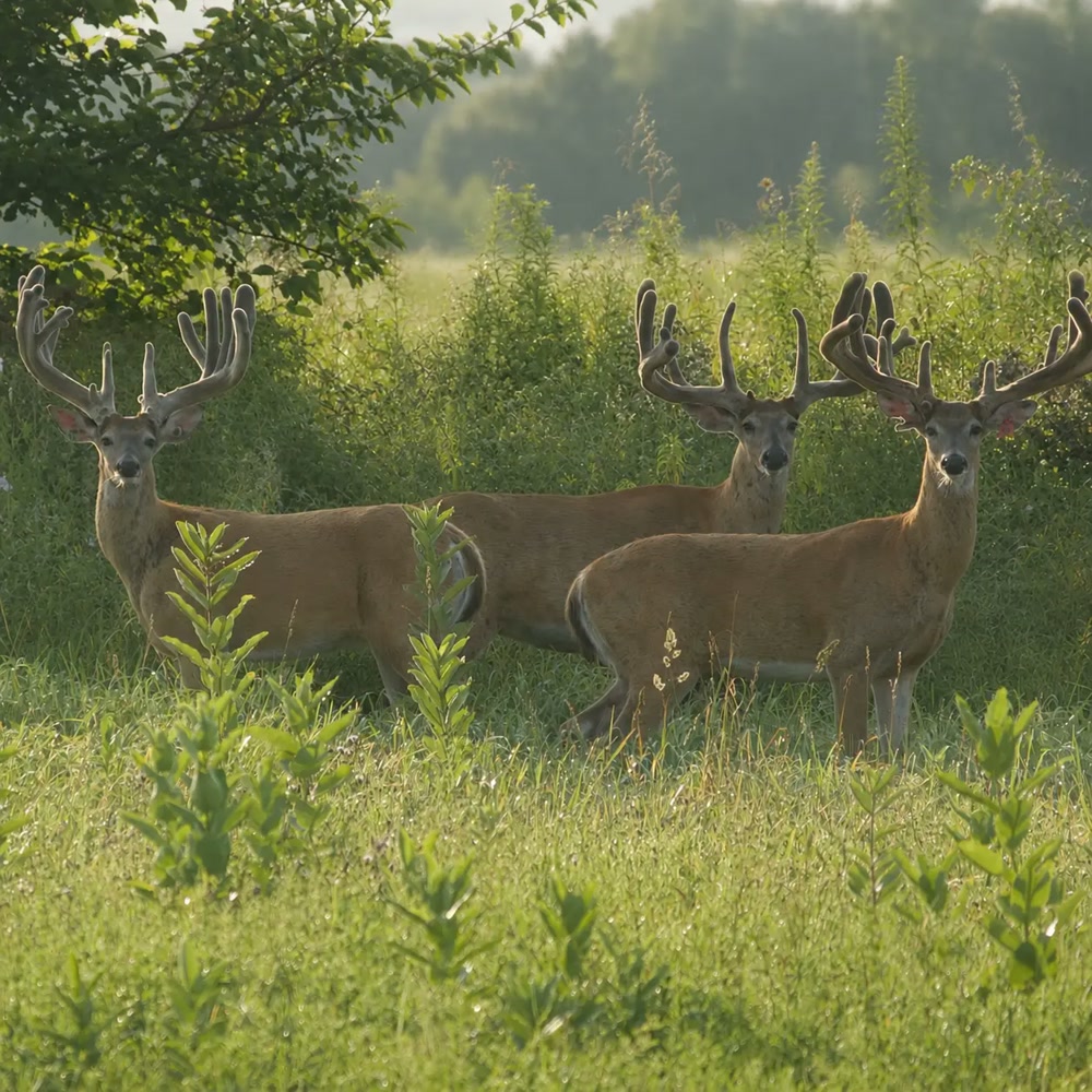Group of three trophy whitetail bucks at the field edge