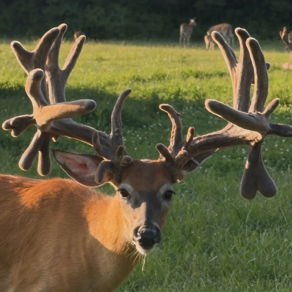 Close-up of a buck with drop-tine antlers